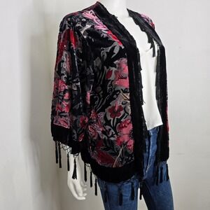 MSK Velvet Burnout Kimono Jacket Size M Beaded Tassels Gypsy Boho Whimsigoth